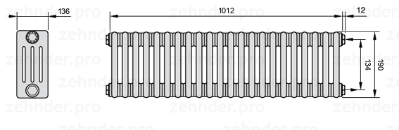 Схема (чертеж) Радиатор Zehnder Charleston 4019/22 №7610 Белый глянцевый RAL 9016